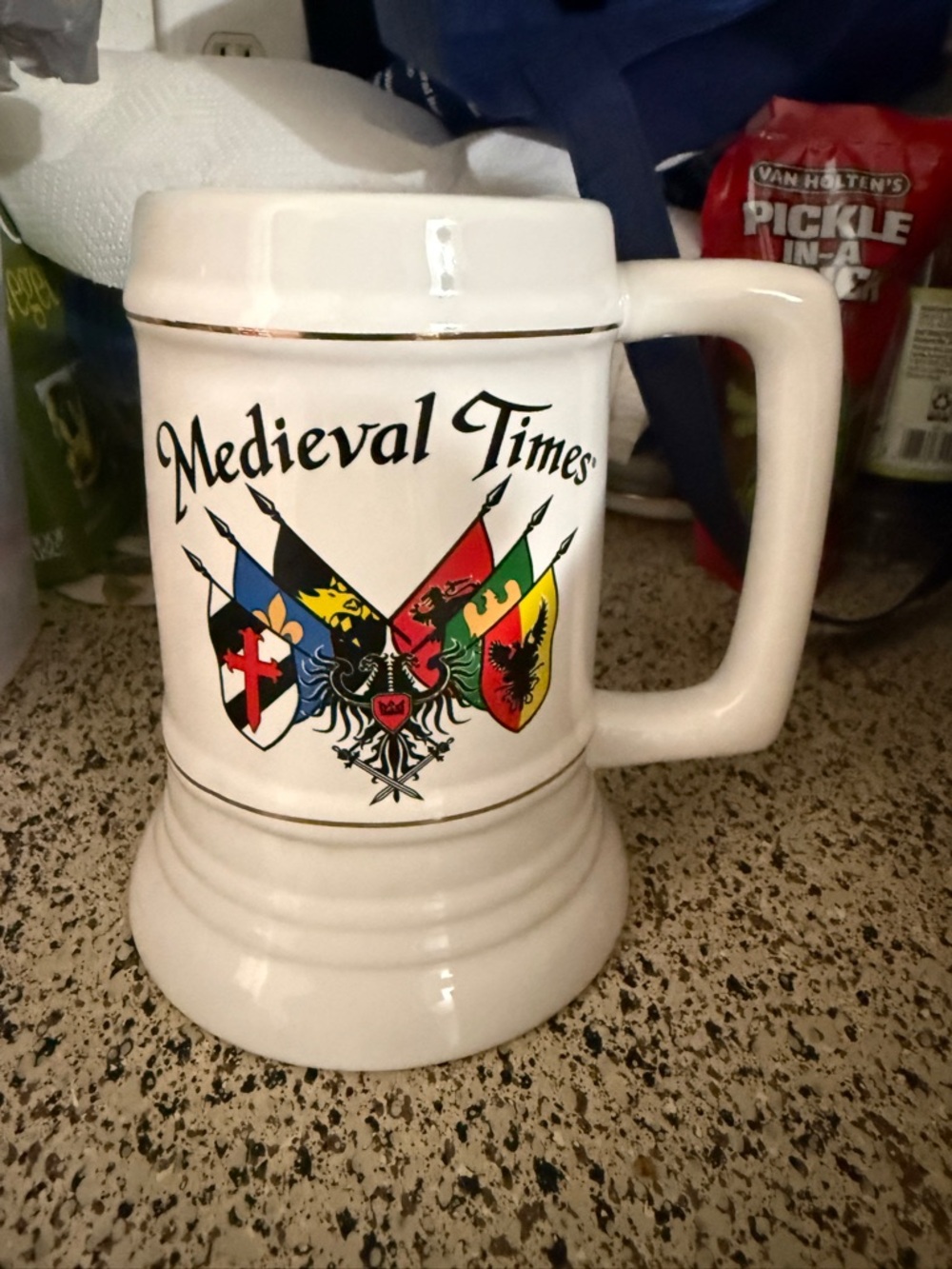 Medieval Times Souvenir White Ceramic Beer Stein with Heraldic Flags